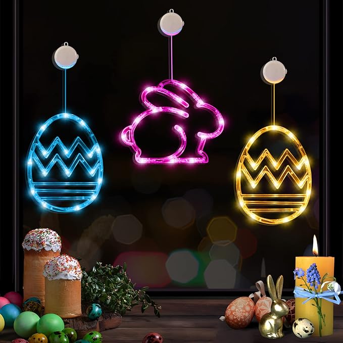 LOLStar Easter Window Decorations, Window Lights, 3 Pack Easter Egg and Bunny Shaped Pink Yellow Blue Hanging String Lights with Suction Cup, Battery Operated Indoor Lights for Home Decor