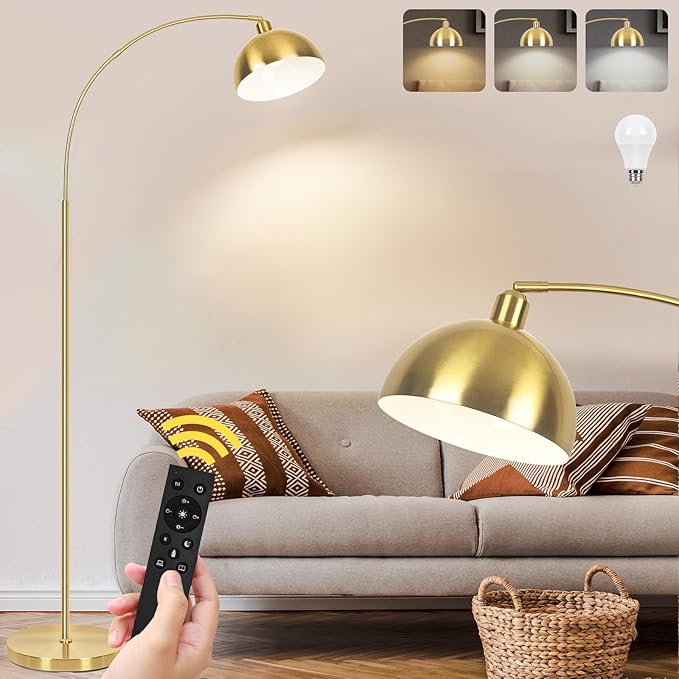 【Upgraded】 Arc Floor Lamps for Living Room - Stepless Dimmable Gold Tall Lamp with Remote Control & Color Temperature 9W LED Bulb, Over Couch Arched Reading Standing Lamp for Bedroom Brass