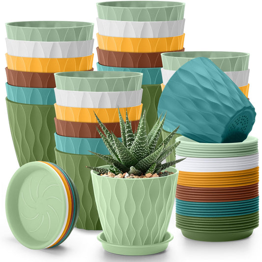 Acellegic 24 Pack 4 Inch Plant Pots Bulk Small Pots for Succulents Waffle Texture Plastic Planter with Drainage Holes and Saucers for Indoor Outdoor Plants Flowers, Seedlings (Multiple Colors)