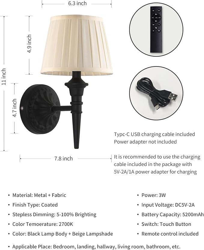 KDG Cordless Wall Sconces Set of 2, Small Wireless 5200mAh Rechargeable Battery Fabric LED Wall Lamps, Portables Lightings for Wall Painting, Living Room, Bedroom, Hallway, Gifts, Night Light (Black)