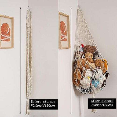 Amdermi Stuffed Animal Storage Hammock - Boho Macrame Toy Organizer for Kids' Rooms | XL Cream