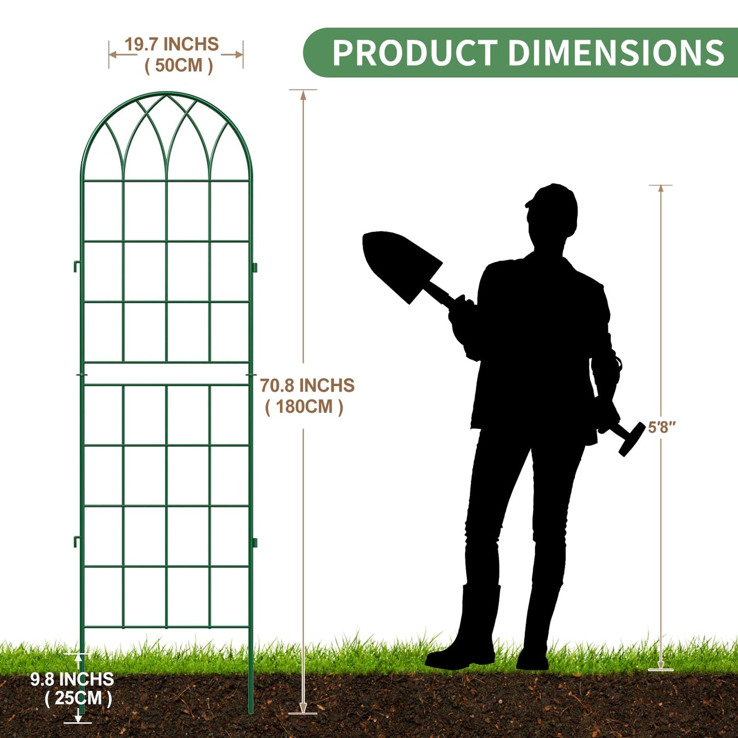 SUNYRISY 4Pack Metal Garden Trellis for Climbing Plants Outdoor, 71x20in Metal Plant Support for Flowers Tomato Cucumber Rose Vegetable Garden Courtyards Lawns Decoration, Green