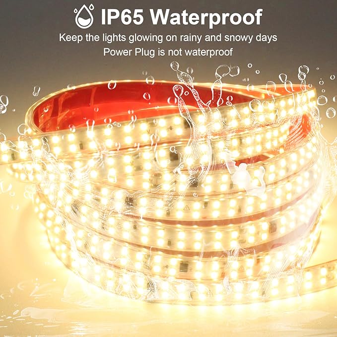 LED Strip Lights 6.56ft AC 110V Flexible Rope Lights 240LEDs/m 3000K Warm White Cuttable Outdoor Waterproof Strip Lights Double LED Beads for Living Room Under Cabinet Lighting