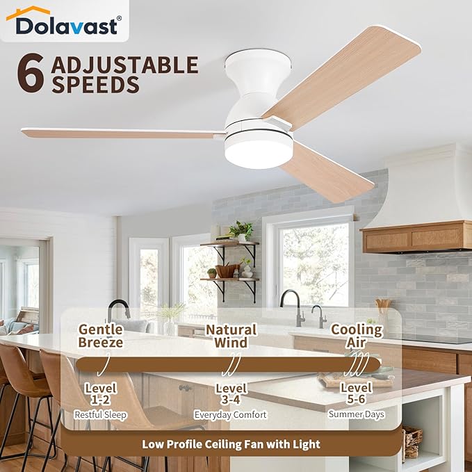 Ceiling Fans with Lights, 48 inch Low Profile Ceiling Fan with Light and Remote Control, Flush Mount, Reversible, 3CCT, Dimmable LED, Noiseless, White Ceiling Fan for Bedroom, Dining Room