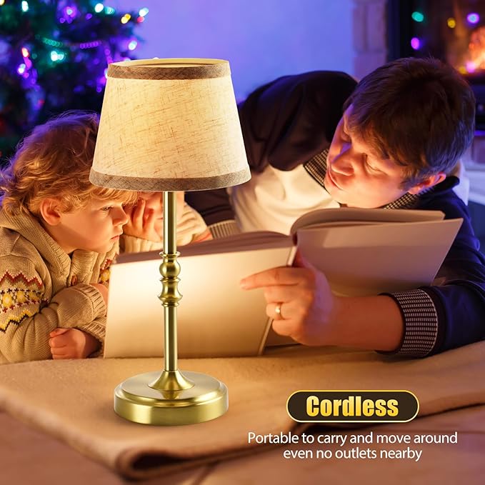 Small Gold Rechargeable Table Lamp,12-14 Inch Tall Vintage Style,Battery Powered Cordless Desk Lamp,Mini Touch Control Bedside Lamp,Warm Light 3000K for Nightstand Bedroom Counter Living Room-2 Pack