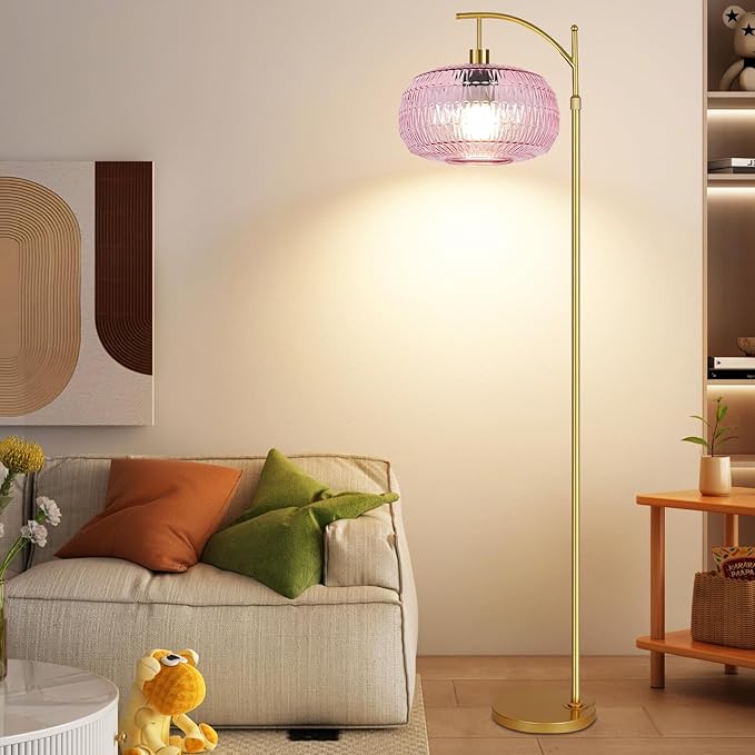 Pink Floor Lamp for Living Room,Bedroom,Gold Dimmable Standing Lamp with Remote,Mid Century Modern Brass Tall Lamp Boho Floor Lamps Arc Stained Glass Flower Floor Light Lamp Girls kids Bohemian