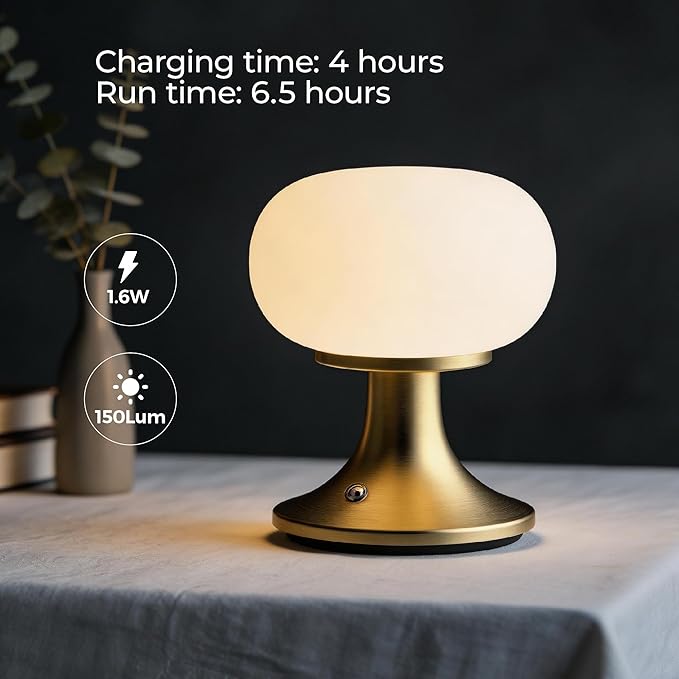 Cordless Table Lamp, LED Mushroom Lamp with Glass Shade & Stepless Dimming, Touch Control Nightstand Lamp for Bedroom,Living Room,Dining Table