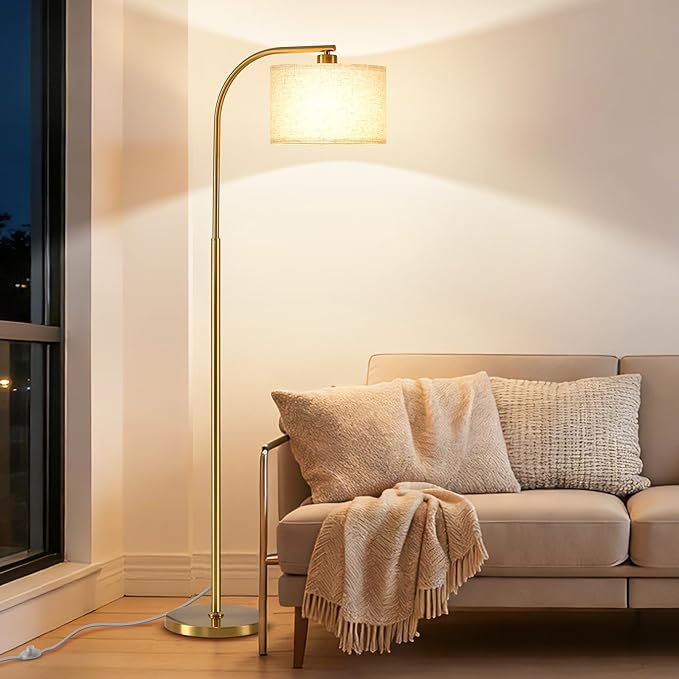 Gold Floor Lamp for Living Room,65'' Modern Standing Lamps with LED Bulb,Elegant Floor Light with Fabric Shade,Tall Lamp for Bedroom Office Study Room Corner Dining Room（Remote not Include）