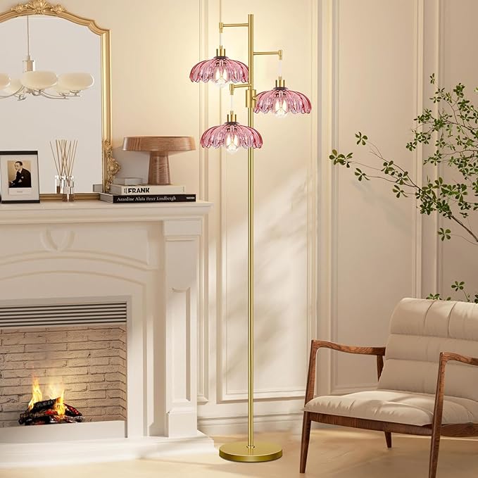 Gold Floor Lamps for Living Room-3 Light Dimmable Floor Lamp with Three Bulbs & Glass Lampshape, Mid Century Modern Standing Lamp Tree Tall Flower Floor Lamp for Bedroom Living Room,Corner