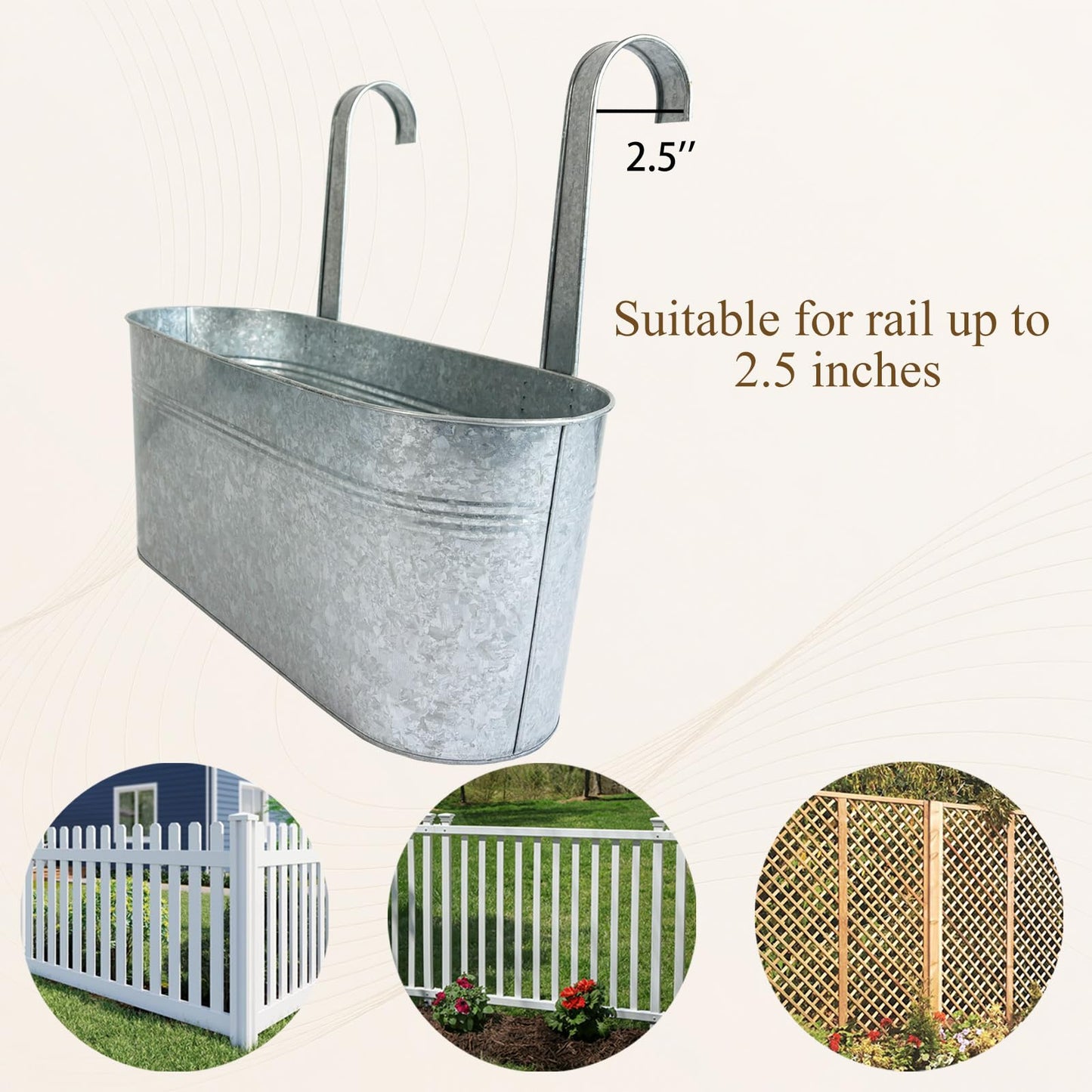 Joyfernal Balcony Galvanized Hanging Planters Railing Flower Pots, Outdoor Metal Fence Planter Pot with Detachable Hooks Drain Hole for Garden Patio Yard Decor (17 Inch, 8Pcs)
