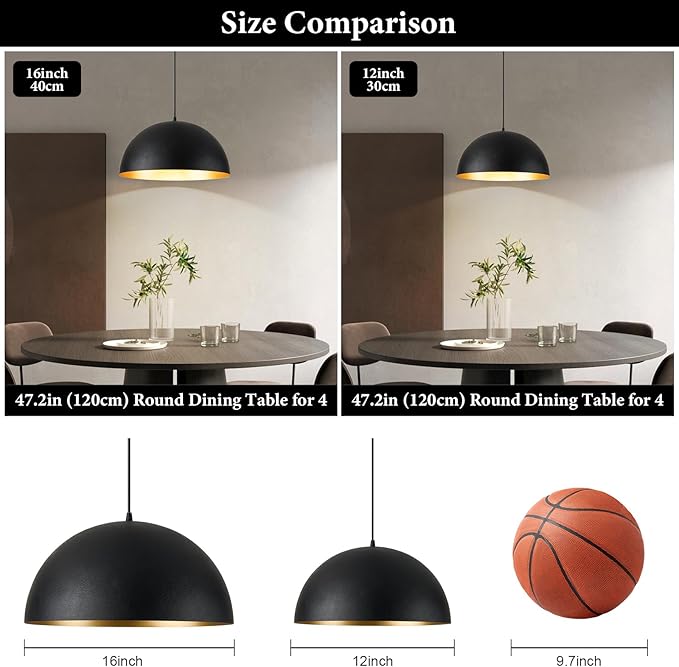 16" Dome Farmhouse Pendant Lights for Kitchen Island,Industrial Matte Black Pendant Light, Modern Adjustable Hanging Lamp for Dining Room,Living Room,Hallway,Cafe,Bar,1 Pack