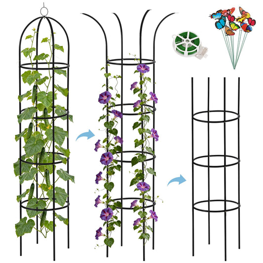 DEVISEFUN 100% Metal 6.6ft Obelisk Trellis for Climbing Plants Outdoor 2PK, Garden Tower Trellis for Potted Plants Indoor with Twist Tie and Butterflies, Plant Support for Clematis Tomato Cucumber
