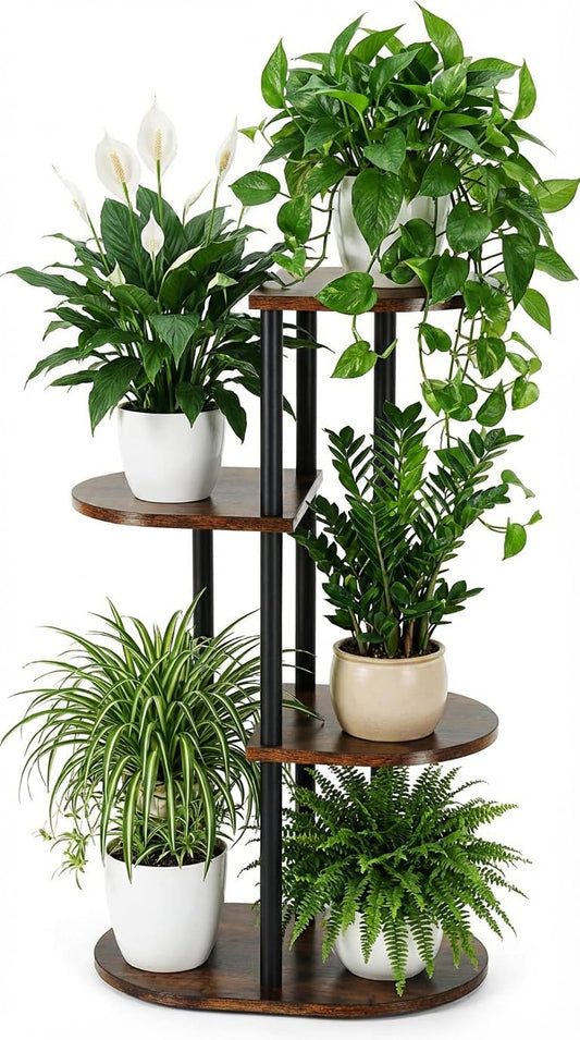 Korrie Home Tiered Plant Stand Indoor, Tall 4 Tier 5 Potted Wooden Plant Shelf for Multiple Flower Plants, Multi Corner Metal Plant Holder Indoor for Patio Garden Patent Design Living Room Balcony Bedroom, Rustic Brown