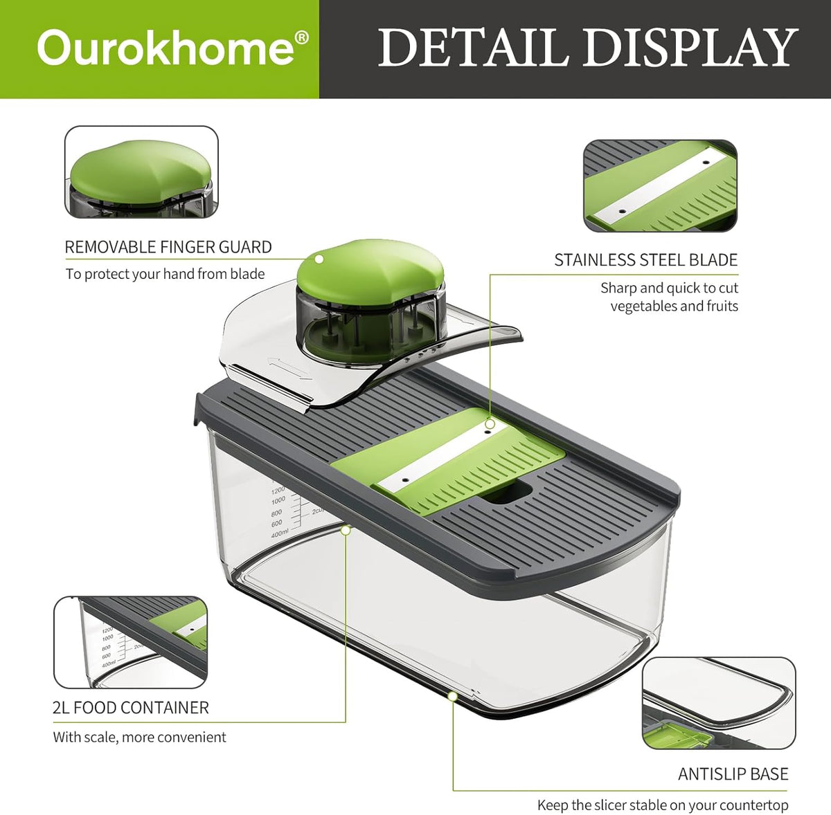 Ourokhome Mandolin Slicer - Safe Vegetable Shredder with 6 Blades | Essential Kitchen Gadget (Gray)
