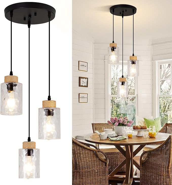 Modern Pendant Lights Kitchen Island, 3-Light Black Pendant Light Fixtures with Clear Hammered Glass Shade, Industrial Farmhouse Hanging Pendant Lights Fixture for Kitchen Island Dining Room Entryway