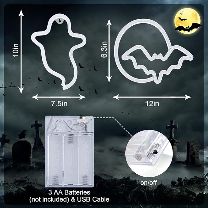 2 Pack Halloween Decoration LEDs Neon Sign Light Ghost, Bat and Moon Lights Hanging for Halloween Party Decorations Indoor Home Window Decorations (Batteries not Included)