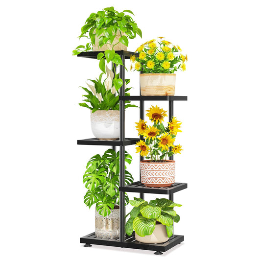 LASZOLA 4 Tier Plant Stand Indoors Outdoors for Large Heavy Duty Planter, Black Metal Tall Flower Holder Rack with Multiple Shelf for Modern Patio Corner, Vertical Organizer, Weather Resistant Bracket