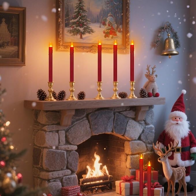 6 Pcs Burgundy Flameless Taper Candles with Remote, 10" White Battery Operated Led Candlesticks with Flickering 3D Flame, Fake Taper Candles for Halloween Anniversaries Dinner Home Décor