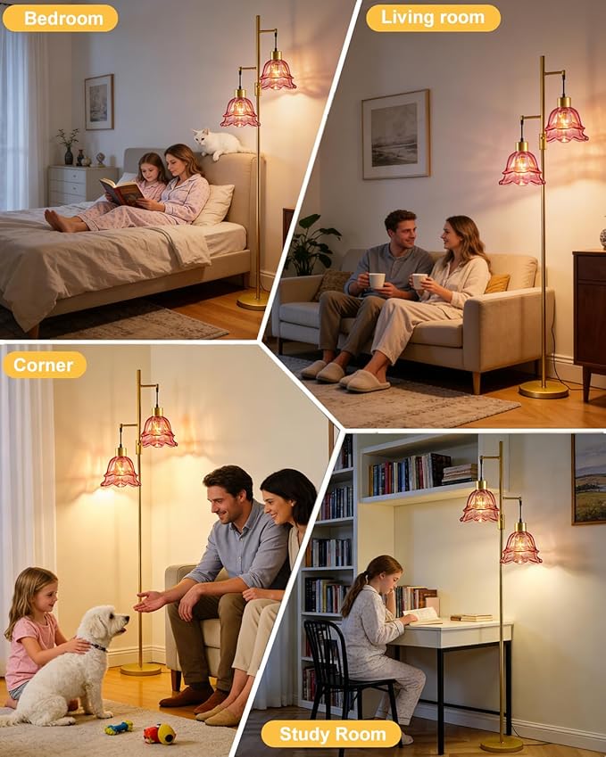2-Light Gold Dimmable Floor Lamp for Living Room, 65IN Tall Standing Lamps with Deep Red Glass Lampshade, 3000K Warmwhite Mid Century Modern Floor Lamp for Bedroom/Sofa Beside/Corner Decor