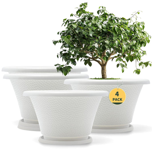 Quarut 12 Inch Plant Pot,4 Pack Large pots for Plants,Flower Pots with Drainage Hole & Saucer,Modern Planters for Indoor Outdoor Plants,Decorative Resin Garden Pots,White