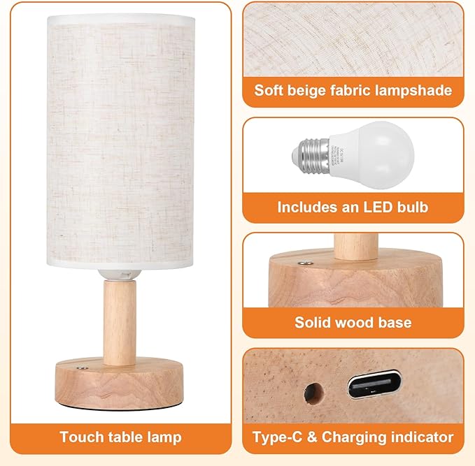 Small Cordless Touch Table Lamps Set of 2 with Stepless Dimming, Natural Wood Base & Linen Fabric Shade,Wireless Battery-Powered Ambient Night Lights for Bedroom, Bedside, Nightstand,Room, Nursery