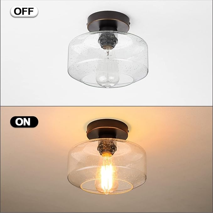 SunRider Industrial Semi-Flush Mount Ceiling Light Fixture, Seeded Glass Pendant Lamp Shade, Oil Rubbed Bronze Farmhouse Lights for Hallway Bedroom