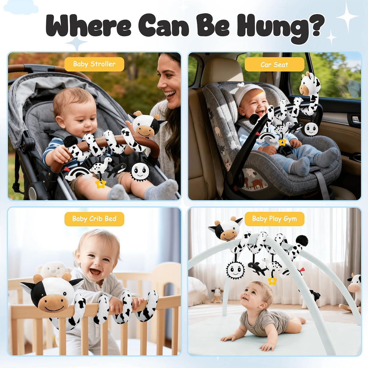 Skiennix Spiral Car Seat Baby Toy - High Contrast Sensory Hanging Stroller Accessory | Black & White Cow for Infants 0-6 Months