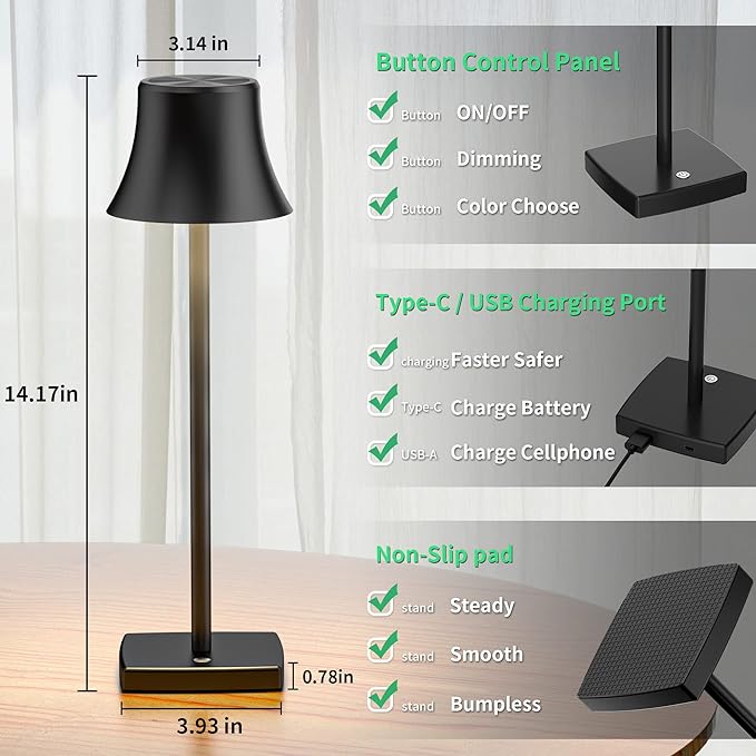2 Pack LED Cordless Table Lamps Rechargeable,5000mAh Battery Operated Table Light,3 Color Stepless Dimming,Portable Small Desk Lamp in Aluminum for Party Patio Restaurant Indoor/Outdoor(Black)