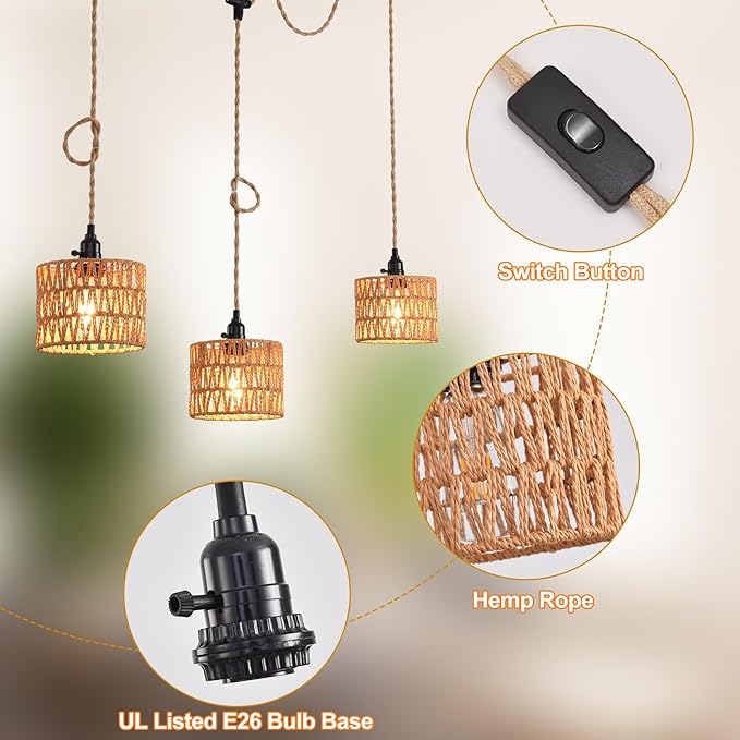 3-Light Hanging Light with Plug in Cord,Plug in Pendant Light 22ft Hemp Rope Pendant Lighting Vintage 3-Light Hanging Lamp Fixtures for Kitchen Island Living Room Bedroom