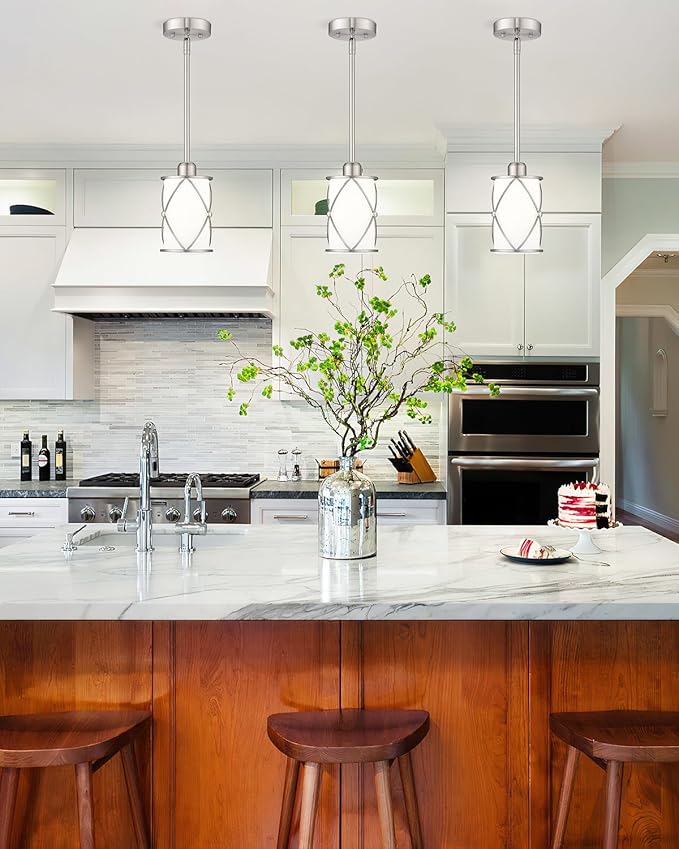 Brushed Nickel Pendant Lights Kitchen Island 2 Pack, Modern Glass Pendant Light Fixtures with Frosted Glass and Rods, Mini Hanging Lighting for Kitchen Sink Bathroom, CH9176BNW-2PK