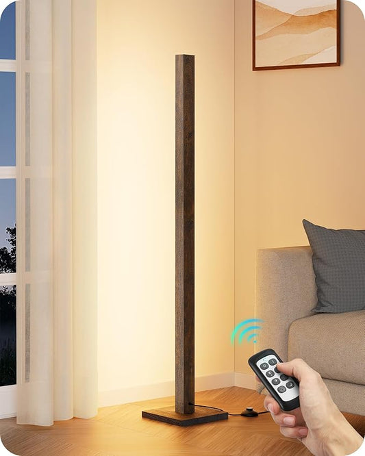 EDISHINE Wooden LED Corner Floor Lamp, Modern Standing Light with Remote, Minimalist Dimmable Floor Lamps for Living Room, Bedroom, Office, 7 Color Temperature 2700~6000K, 48.43""