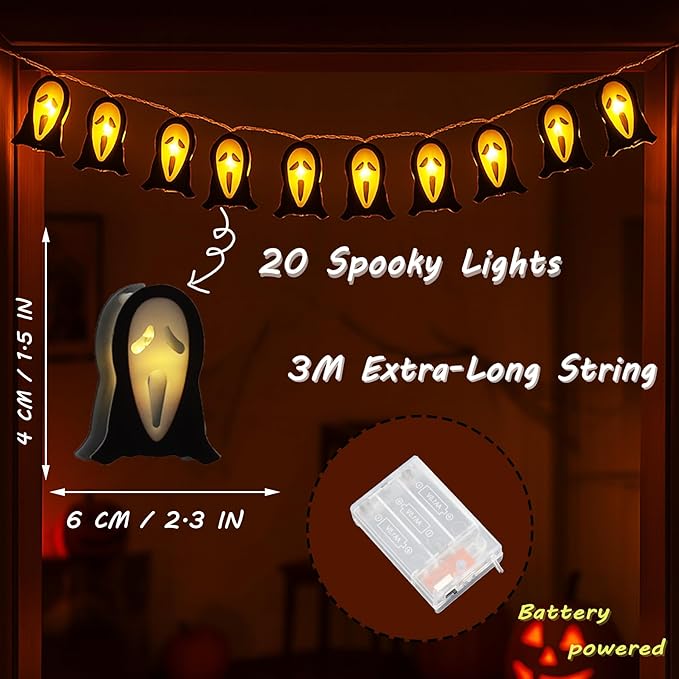 KEPATO Halloween String Lights, 9.8 FT 20 LED Spooky Ghost Decorative Lights for Indoor Outdoor Halloween Party Yard Porch Decor
