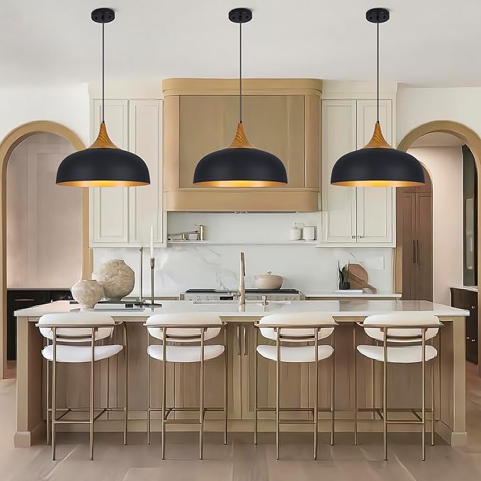 Black Farmhouse Dome Pendant Light 17.7" Large Vintage Pendant Light Fixture Hanging Wooden Pendant Lighting for Kitchen Island Dining Room Living Room Foyer Hallway