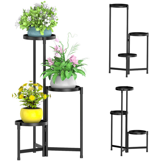 MOKANI Metal Plant Stand Indoor Outdoor for Multiple Plants, 3 Tiered Folding Corner Shelf Tall Flower Pot Holder Display Rack for Patio Living Room Balcony Garden, Black
