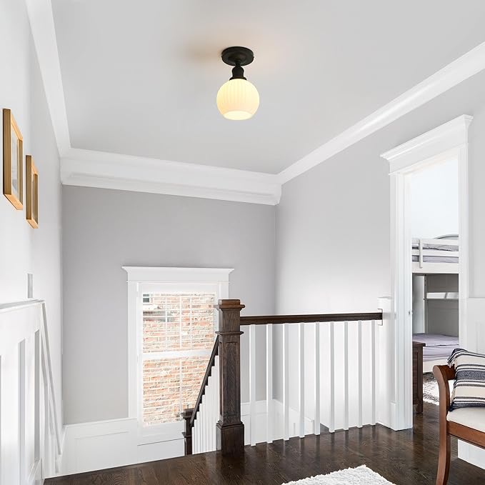Industrial Globe Semi Flush Mount Pendant Ceiling Light with White Glass Lampshade, Vintage Close to Ceiling Light Fixture for Porch, Hallway, Entryway, Kitchen, Bedroom, Hotel
