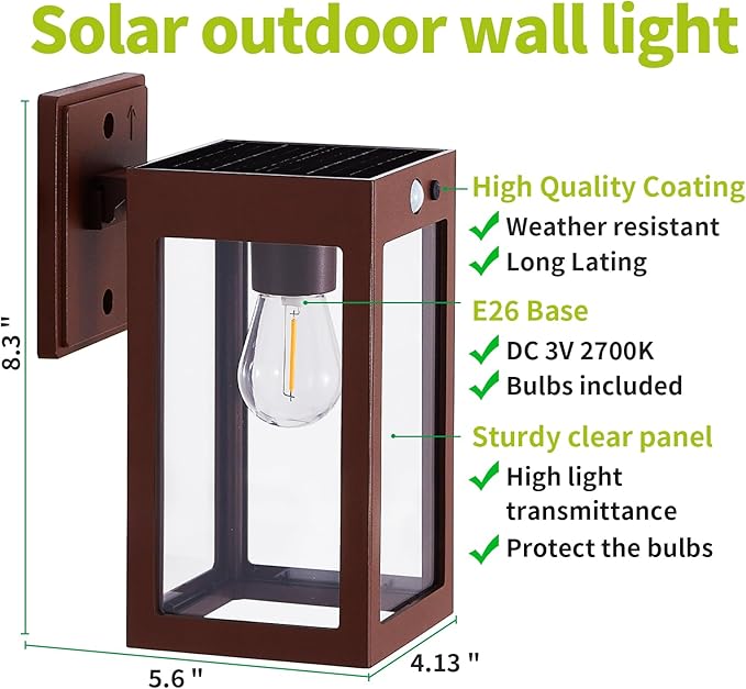 2 Pack Solar Porch Lights Outdoor,Solar Wall Lights with 3 Lighting Modes&Motion Sensor, Dusk to Dawn Sconce Lights Wall Mount,Exterior Wall Lantern Light Fixture for House, Garage,Patio,Shed