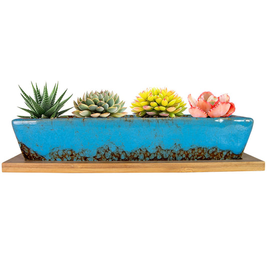 ARTKETTY Succulent Pots, 9.8 Inch Ceramic Succulent Planters with Drainage Small Bonsai Pot with Bamboo Tray, Mini Cactus Flower Planter Pot Shallow Rectangular Window Planters for Indoor Plants