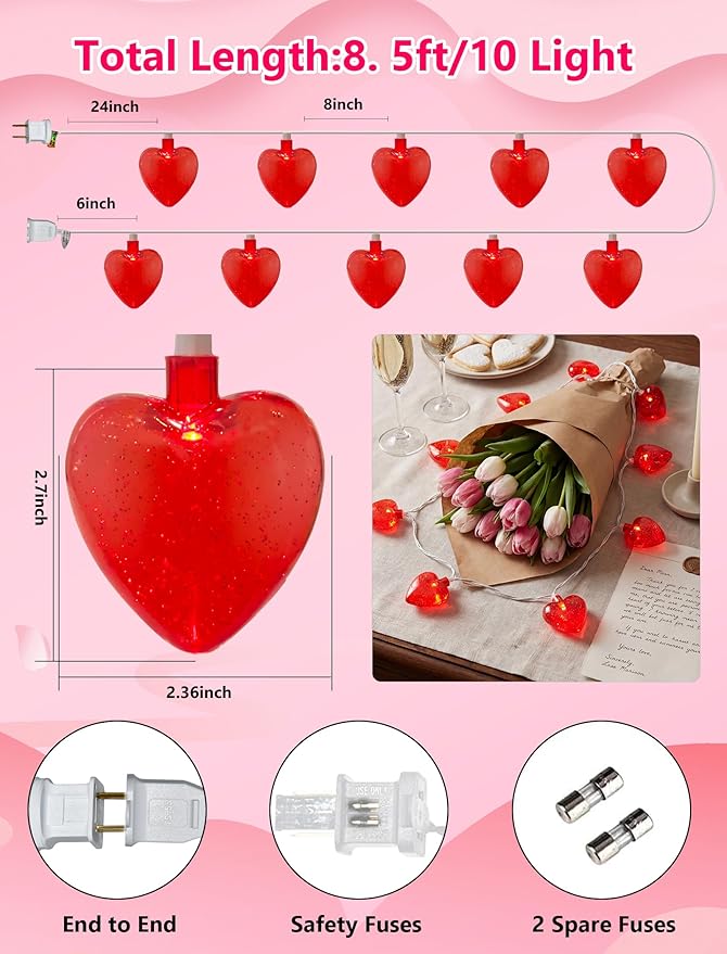 Abeja 8.5Ft Red Heart String Light, Valentine Day Decoration Lights with10 Red Heart, Connectable Fairy Heart String Lights for Valentine's Day Bedroom Wedding Anniversary Outdoor Indoor Decor