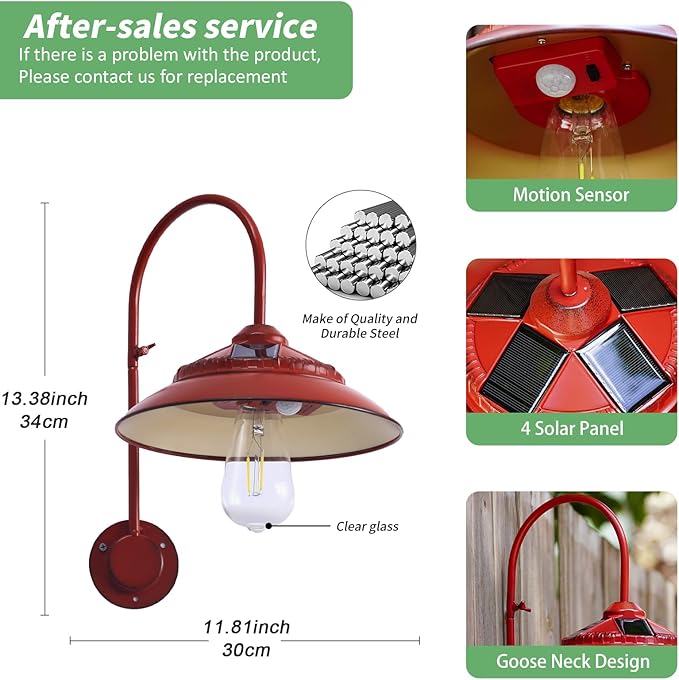 Solar Barn Light - Rustic Outdoor Lights for Patio Yard Garage Chicken Coop Shed & Farmhouse，Waterproof Wireless with Motion Sensor Mode (Red)