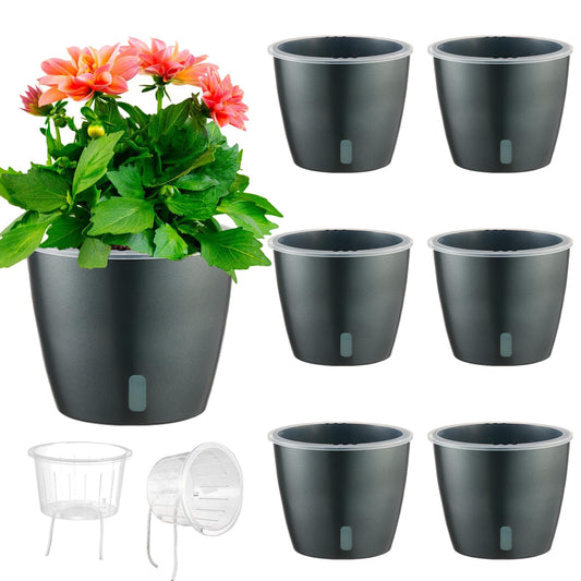 KvyusFlourish Self Watering Pots for Indoor Plants, 6-Pack 6.7'' Self Watering Planter with Drainage Holes, Small African Violet Pots with Water Indicator, Clear Wick Orchid Pot, Grey