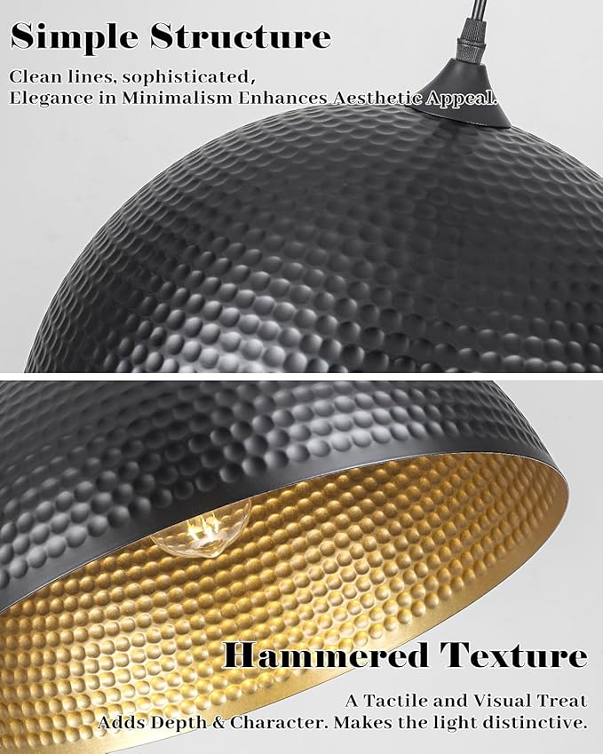 16 inch Black and Gold Pendant Light 1 Pack, Hammered Large Industrial Pendant Lights Kitchen Island, Black Dome Pendant Light for Kitchen Island, Dining Room, Bar