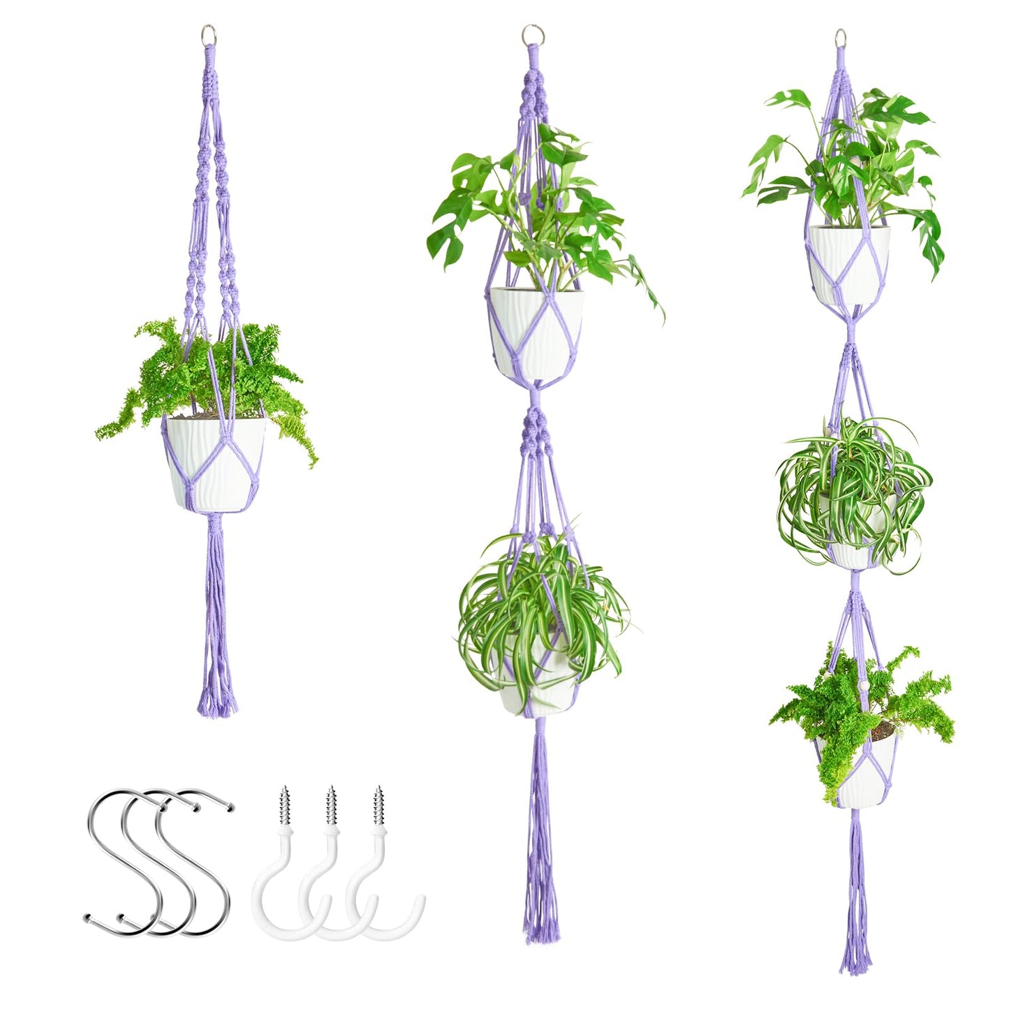 XXXFLOWER 3 Pack Macrame Plant Hanger Indoor Set with Hooks Handmade Woven Cotton Rope Flower Pot Crochet Plant Holder Stand Boho Plant Decor Hanging Planter Baskets Set of 3 with Beads Purple