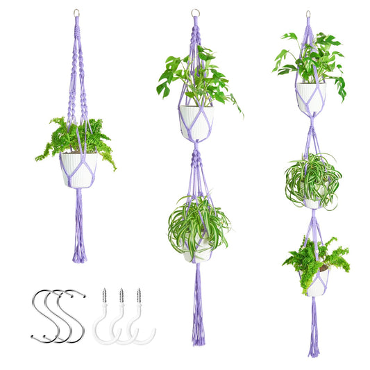 XXXFLOWER 3 Pack Macrame Plant Hanger Indoor Set with Hooks Handmade Woven Cotton Rope Flower Pot Crochet Plant Holder Stand Boho Plant Decor Hanging Planter Baskets Set of 3 with Beads Purple