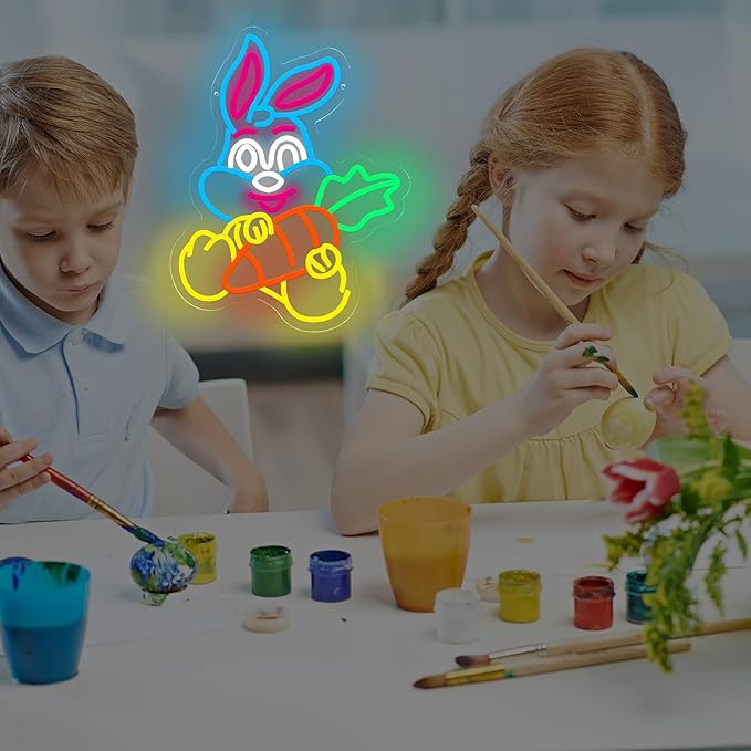 Rabbit with Carrot Easter Neon Sign Window Lights Led Bunny Neon Light Easter Decorations Rabbit Light Up Sign for Room Decor Wall Decor Holiday Gift
