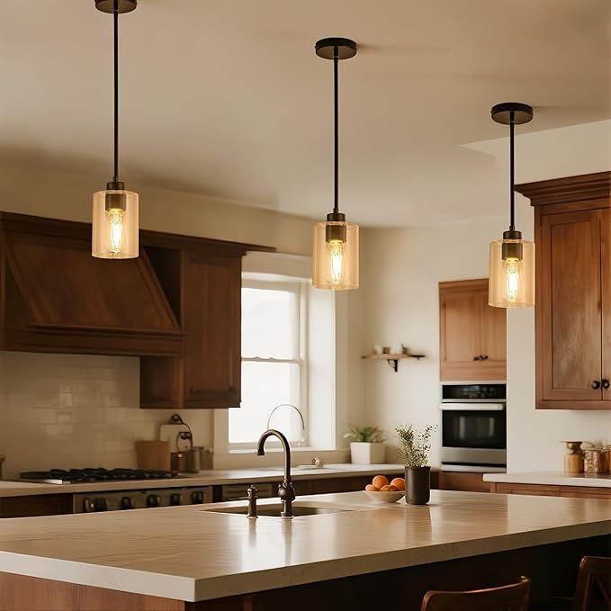 MAYNA 3-Pack Black Kitchen Island Lighting Over Table, Linear Industrial Chandelier with Glass Shades, Adjustable Rods Ceiling Lights for Kitchen, Breakfast Nook (Bulbs Included)