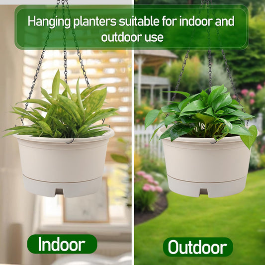 Svxtoby 10 Inch Hanging Planters for Indoor Plants, 4 Pack Plastic Hanging Baskets with Removable Trays & 15.7" Chain, Outdoor Hanging Plant Pot for Home Garden Porch Balcony Patio Decor (Beige)