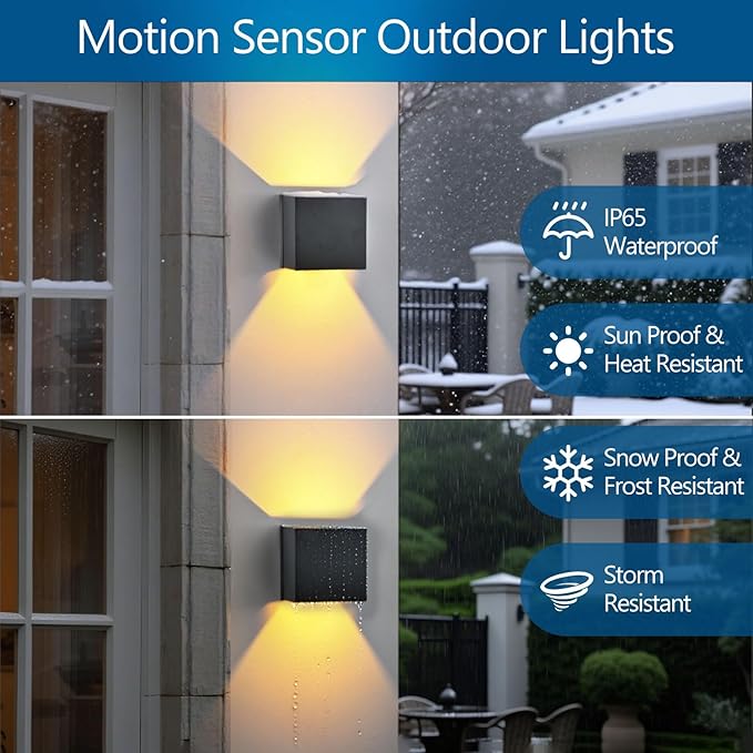 2-Pack Outdoor Wall Lights, Modern Square Up and Down Lights Outdoor Wall Lights IP65 Waterproof Aluminum Sconces with Motion Sensor 10W 3000K LED Outdoor Lighting Fixture for Porch Patio