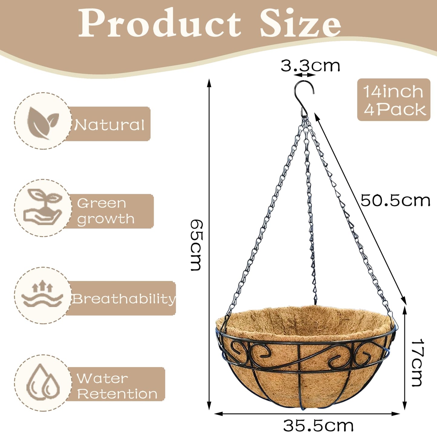 EIMQUVW Outdoor Metal Hanging Planters Basket (4pack, 14 inch) Hanging Baskets for Plants Chain Round Wire Plant Holder with Coco Fiber Liners for Garden, Patio, Deck, Porch(Flower Border)