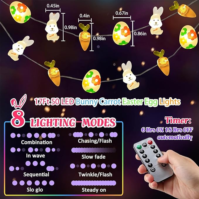 Easter Decorations Battery Operated 17Ft Bunny Carrot Egg String Lights 50 LED Fairy Lights with Timer, Spring Decor for Indoor Outdoor Home Mantel Tree Egg Hunt Party Easter Decoration