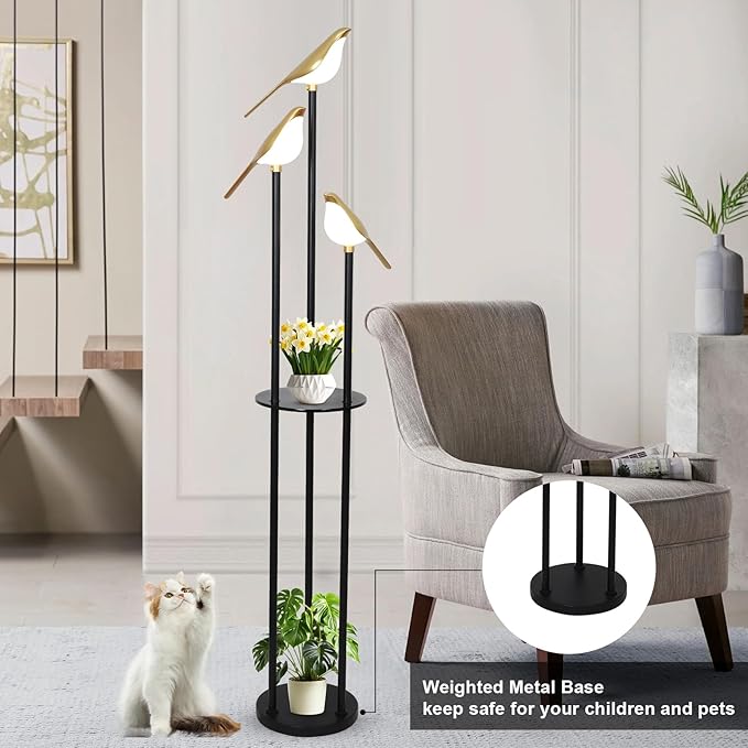 Black and Gold Floor Lamp, Bird Floor Lamp with Shelves, Modern floor Lamps for Living Room, 3-Light Corner Standing Lamp, LED Stand Up Lamp, Tall Lamp for Bedroom, Office, Cute Lighting Decor